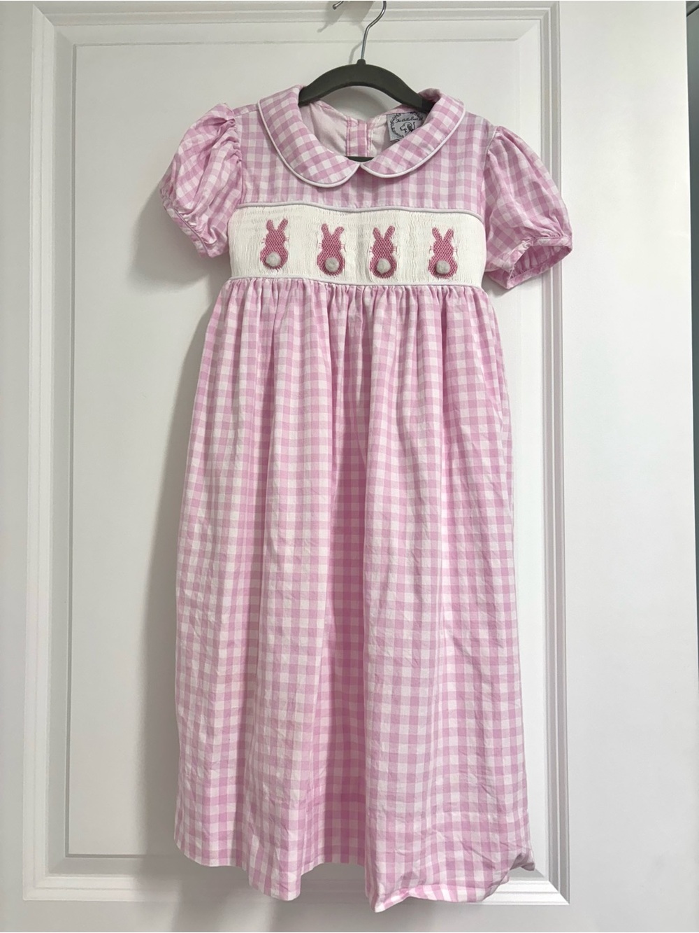 Girls Pink Gingham Bunny Smocked Dress